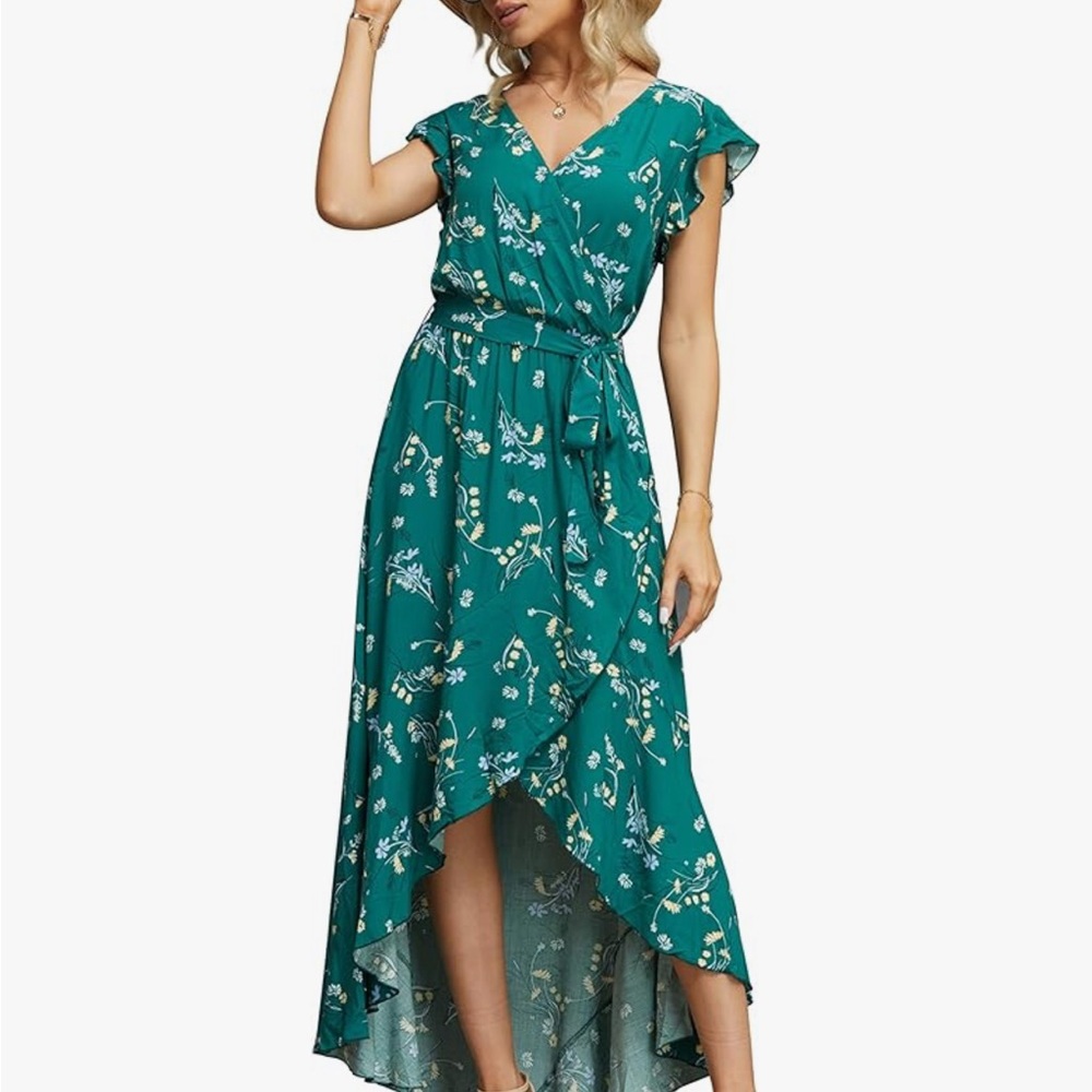 Elegant Teal Floral High Low Wrap Dress